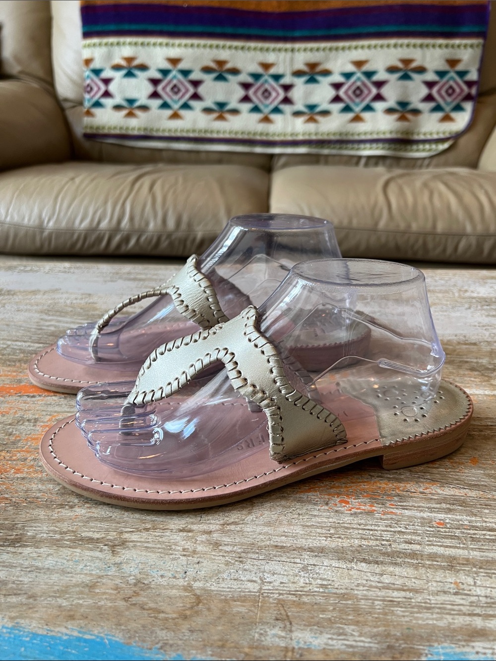 Jack Rogers Sandals Jackie Leather Whip-Stitch Demi Wedge Women's Platinum Gold